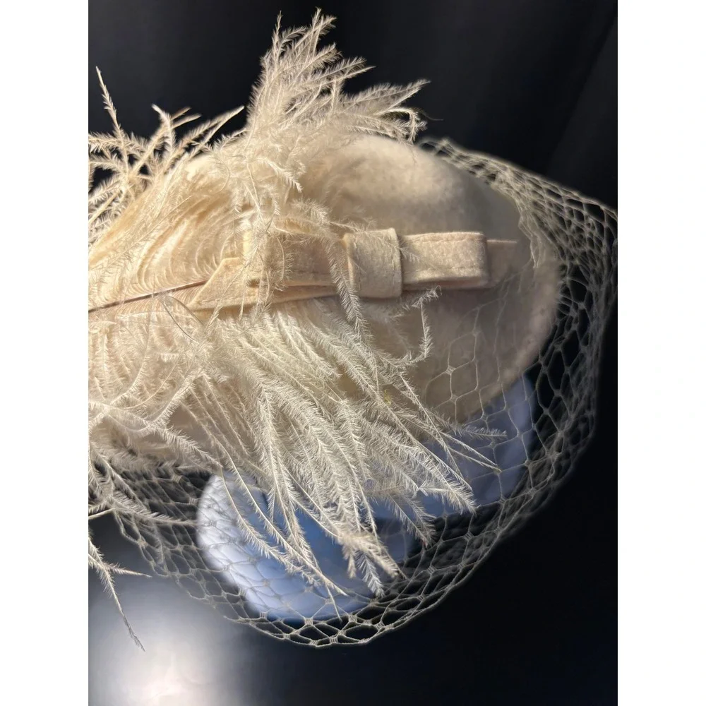 Vintage Cream Wool Felt Pillbox Hat with Veil Bow and Ostrich Feathers Ivory